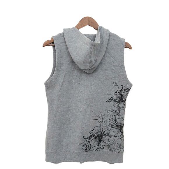 Roxy Hooded Vest Womens Medium Gray Full Zip Graphic Print Pockets Knit Casual - Picture 2 of 12